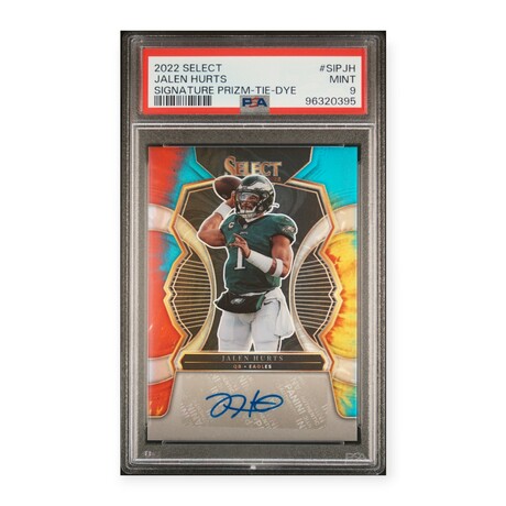 Jalen Hurts // 2022 Select Signature Prizm Tie-Dye // Signed // #09/25 // PSA 9 Mint