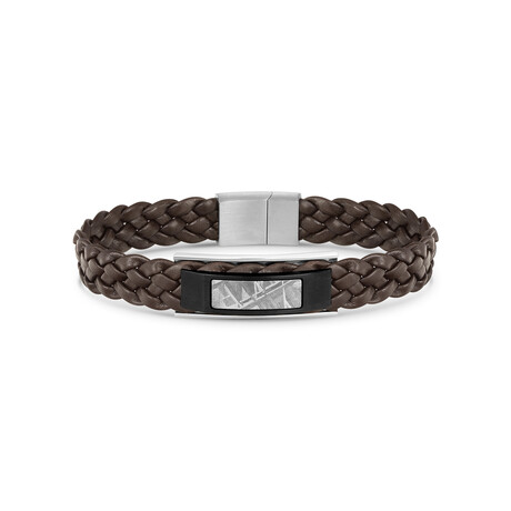 Duxot Accelero Stainless Steel + Leather + Gunmetal Meteorite Bracelet // 7.6"