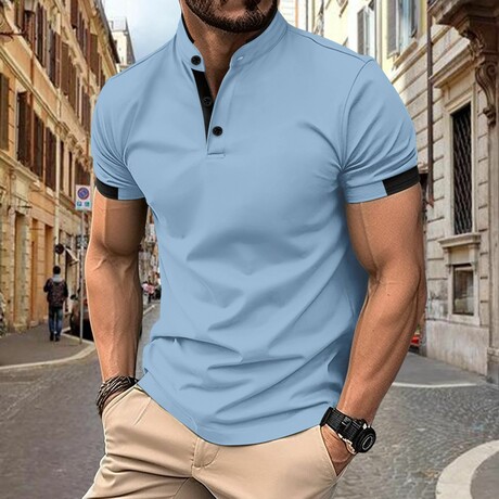 Mandarin Collar Short Sleeve Polo Shirt // Light Blue (XS)