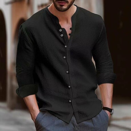 Henley Long Sleeve Button-Down // Black (XS)