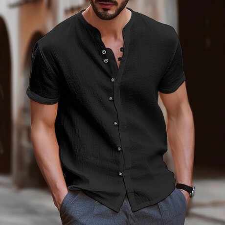 Henley Short Sleeve Button-Down // Black (XS)