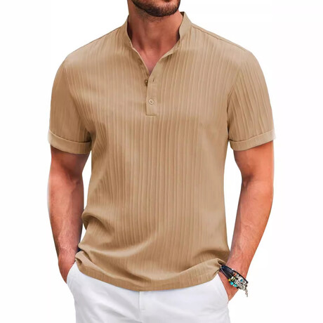 Striped Henley Short Sleeve Polo // Khaki (XS)