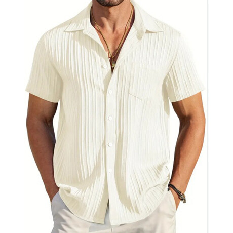 Striped Jaquard Short Sleeve Button-Down // White (XS)