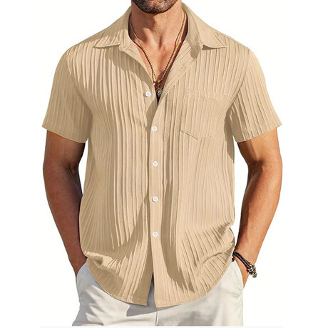 Striped Jaquard Short Sleeve Button-Down // Khaki (XS)