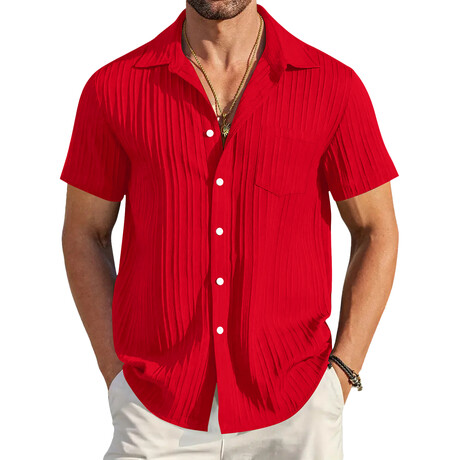 Striped Jaquard Short Sleeve Button-Down // Red (XS)
