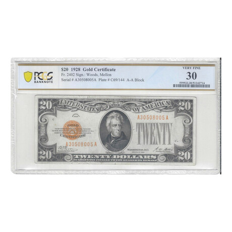 1928 $ 20 Gold Certificate PCGS 30 # 005
