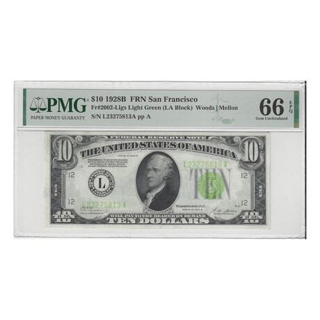 1928 B $ 10 Federal Reserve Note LIGHT GREEN SEAL PMG 66 EPQ TOP OF THE POP # 813