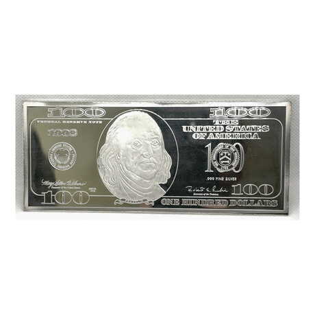 1998 $ 100 "SILVER DOLLAR BILL" 4 OUNCES SOLID BAR PROOF