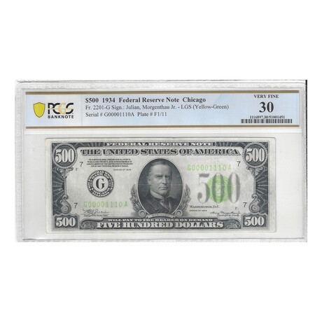 1934 $ 500 FEDERAL RESERVE NOTE PCGS 30 LIGHT GREEN SEAL, LOW SERIAL NUMBER, BINARY, AND RADAR # 110