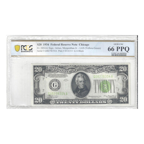 1934 $ 20 Federal Reserve Chicago PCGS 66 LIGHT GREEN SEAL # 354