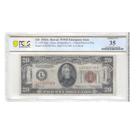 1934 A $ 20 HAWAII WWII EMERGENCY ISSUE PCGS 35 # 736
