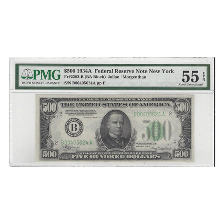 1934 A $ 500 FEDERAL RESERVE NOTE PMG 55 EPQ Low Serial Number # 624