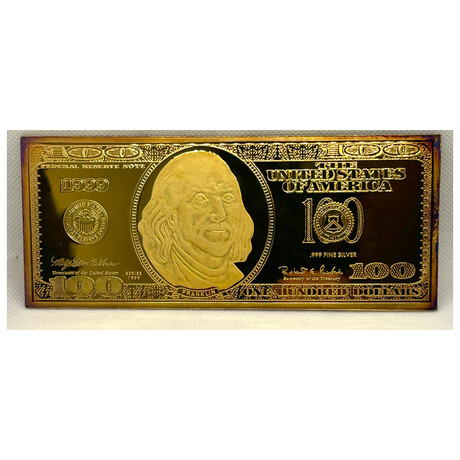 1999 $ 100 24K PLATED "SILVER DOLLAR BILL" 4 OUNCES SOLID BAR PROOF