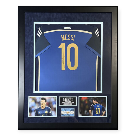 Lionel Messi // Argentina // Autographed Shirt + Framed // Gold Number