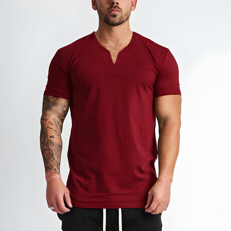 Split Neck Short Sleeve T-Shirt // Burgundy (XS)
