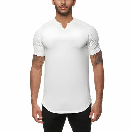 Split Neck Short Sleeve Curved Hem T-Shirt // White (XS)