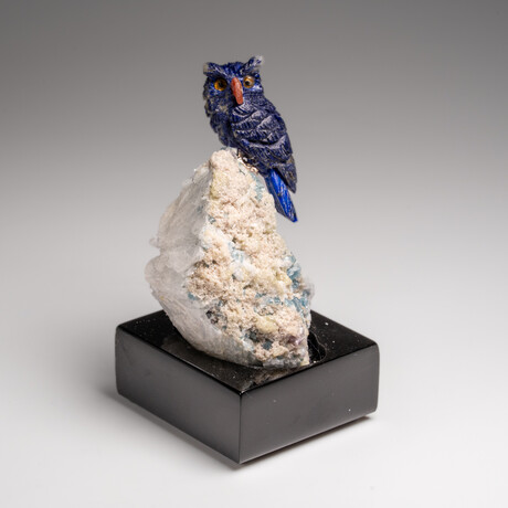Genuine Hand Carved Lapis Lazuli Owl on a Quartz Matrix // 3.5"H