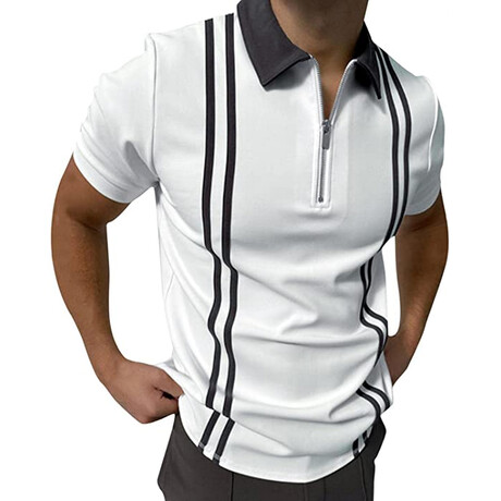 Striped Short Sleeve Contrast Collar Quarter-Zip Polo Shirt // White + Black (XS)
