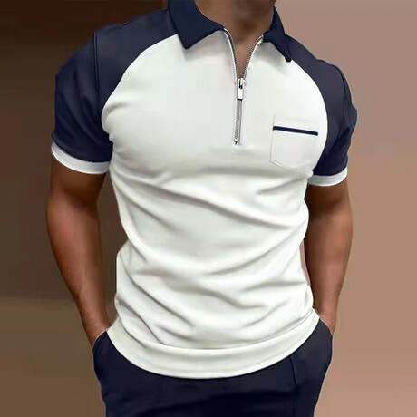 Raglan Short Sleeve Quarter-Zip Polo Shirt // White + Dark Blue (XS)