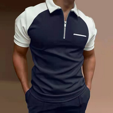 Raglan Short Sleeve Quarter-Zip Polo Shirt // Dark Blue + White (XS)