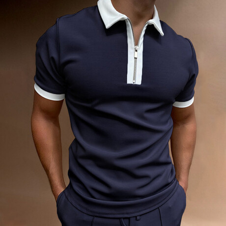 Short Sleeve Contrast Collar Quarter-Zip Polo Shirt // Dark Blue (XS)