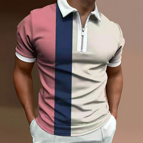 Blocked Striped Short Sleeve Quarter-Zip Polo Shirt // Beige + Navy + Pink (XS)
