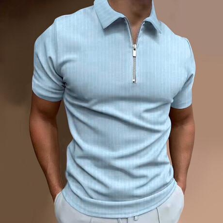 Soft Striped Short Sleeve Quarter-Zip Polo Shirt // Light Blue (XS)