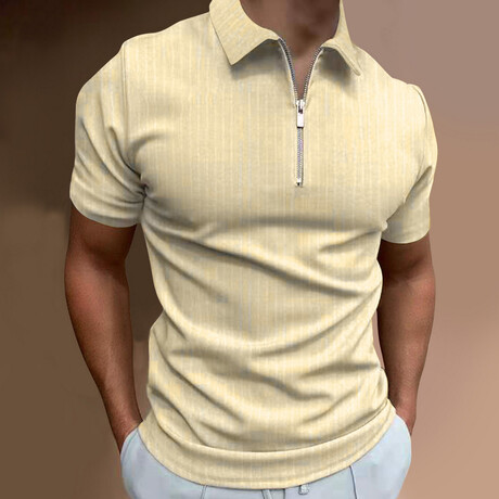 Soft Striped Short Sleeve Quarter-Zip Polo Shirt // Khaki (XS)