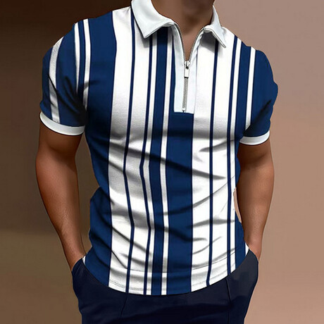 Striped Short Sleeve Quarter-Zip Polo Shirt // Blue + White (XS)