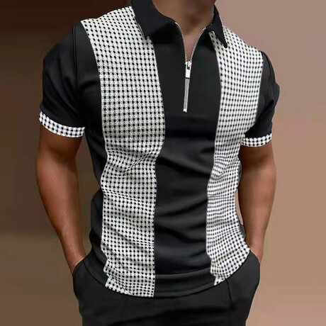 Houndstooth Short Sleeve Quarter-Zip Polo Shirt // Black + White (XS)