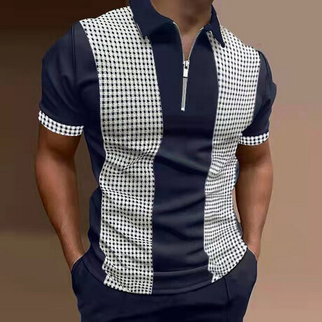 Houndstooth Short Sleeve Quarter-Zip Polo Shirt // Dark Blue (XS)