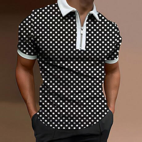Polka Dot Short Sleeve Quarter-Zip Polo Shirt // Black + White (XS)