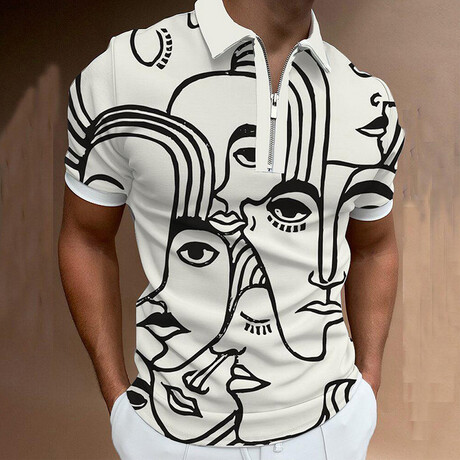 Short Sleeve Contrast Collar Quarter-Zip Polo Shirt // White + Black (XS)