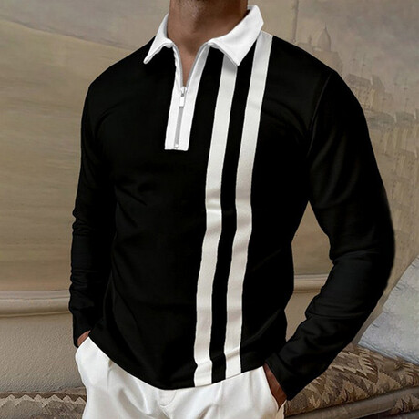 Front Striped Long Sleeve Quarter-Zip Polo Shirt // Black + White (XS)