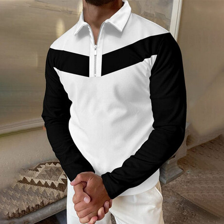 Blocked Long Sleeve Quarter-Zip Polo Shirt // White + Black (XS)