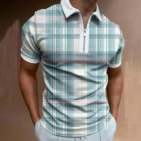 Plaid Short Sleeve Contrast Collar Quarter-Zip Polo Shirt // Light Blue (XS)