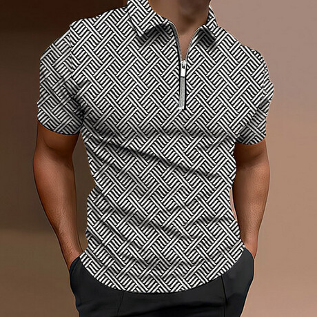 Patterned Short Sleeve Quarter-Zip Polo Shirt // White + Black (XS)