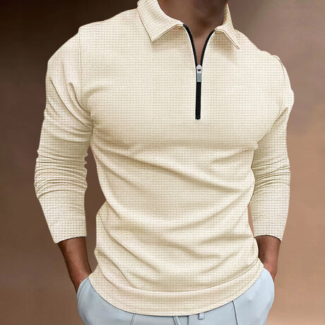 Long Sleeve Waffled Quarter-Zip Polo Shirt  // Khaki (XS)