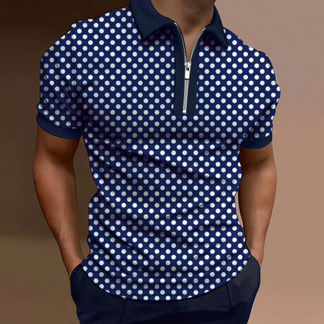 Polka Dot Short Sleeve Quarter-Zip Polo Shirt // Dark Blue + White (XS)