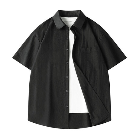 Solid Oversized Short Sleeve Button-Up // Black (XS)