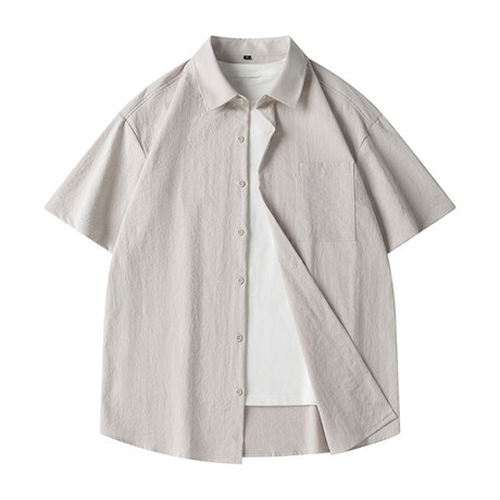 Solid Oversized Short Sleeve Button-Up // Light Khaki (XS)