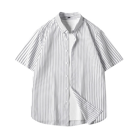Striped Short Sleeve Button-Up // White + Black (XS)