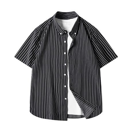 Striped Short Sleeve Button-Up // Black + White (XS)