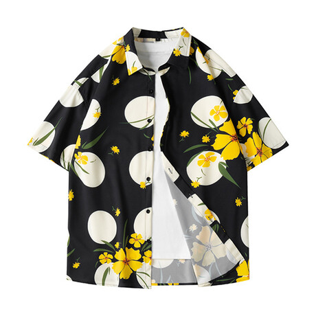 Pattern Short Sleeve Button-Up // Black + Yellow (XS)