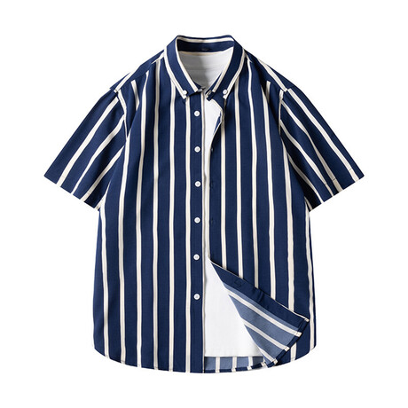 Striped Short Sleeve Button-Up // Navy Blue + White (XS)