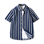 Striped Short Sleeve Button-Up // Navy Blue + White (XL)
