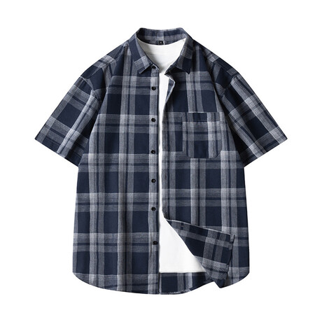 Glen Check Short Sleeve Button-Up // Navy Blue (XS)