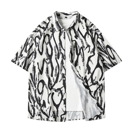 Pattern Short Sleeve Button-Up // White + Black (XS)
