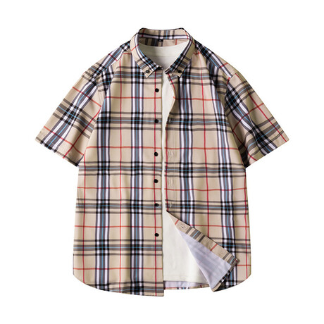 Plaid Short Sleeve Button-Up // Khaki (XS)