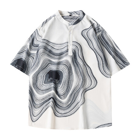 Printed Oversized Short Sleeve Henley // White + Black (XS)